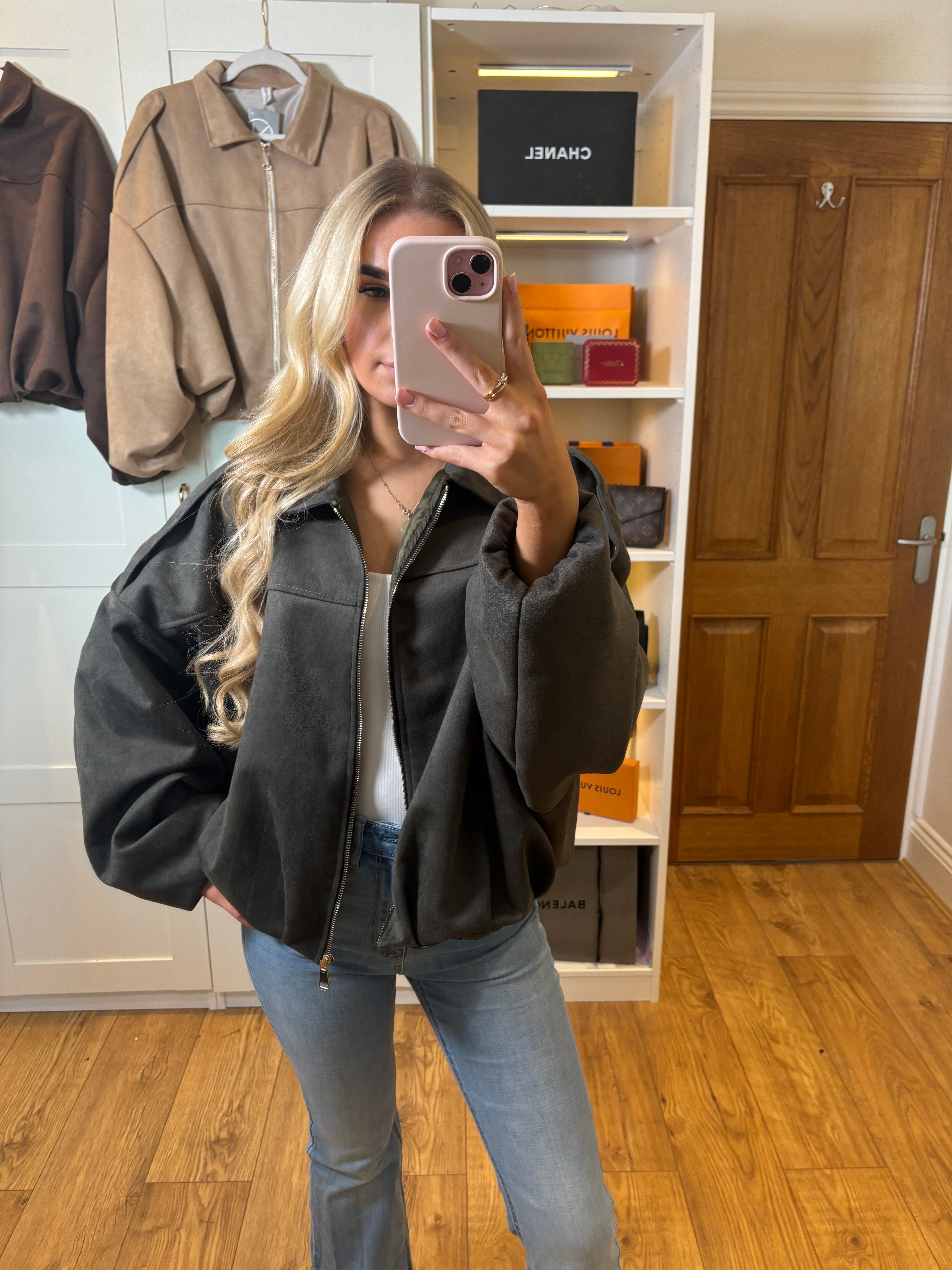 Khaki Suede Bomber Jacket