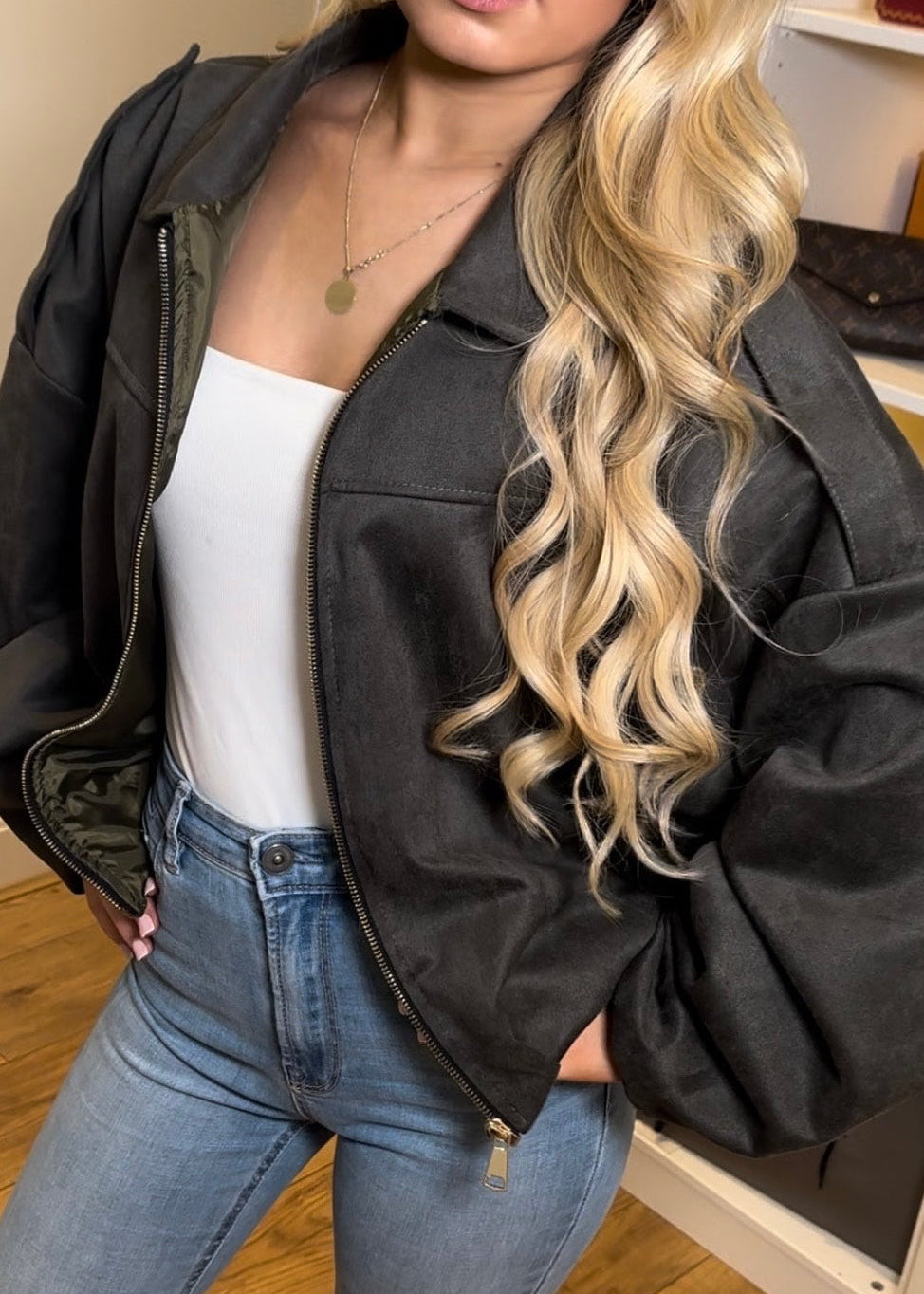 Khaki Suede Bomber Jacket