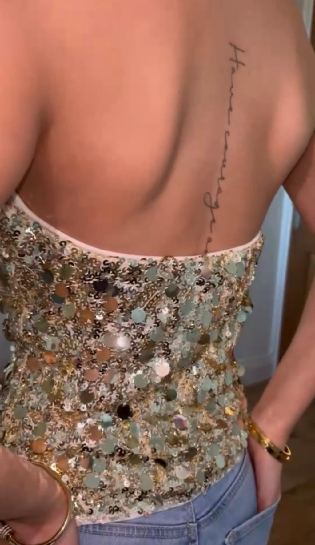 Gold Halter Neck Backless Embellished Top