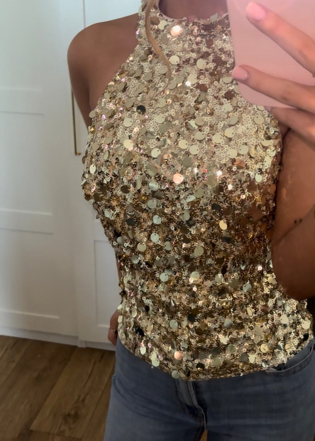 Gold Halter Neck Backless Embellished Top